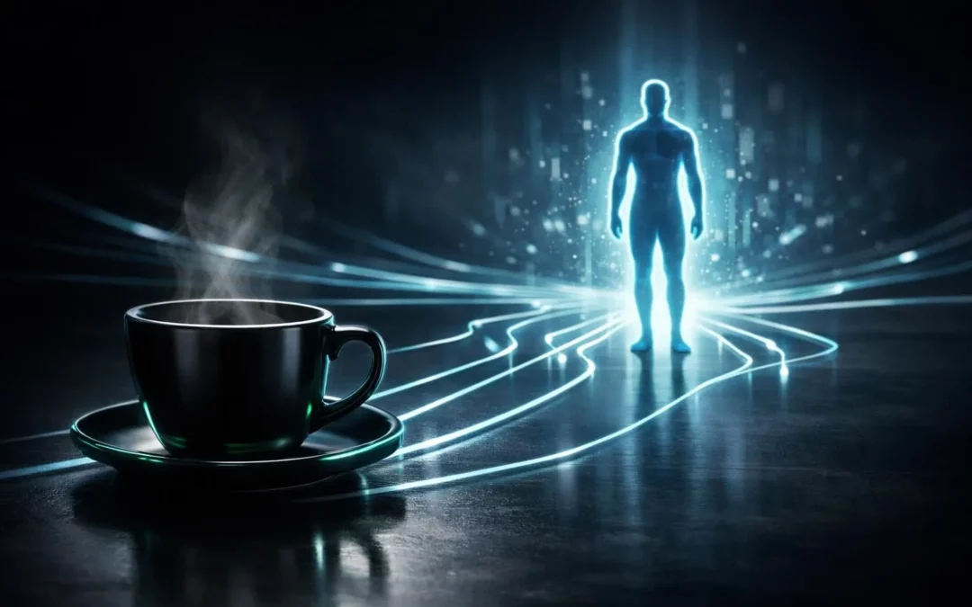 Image futuriste d'une tasse de café minceur néon, symbolisant un parcours vers la santé à Lausanne.