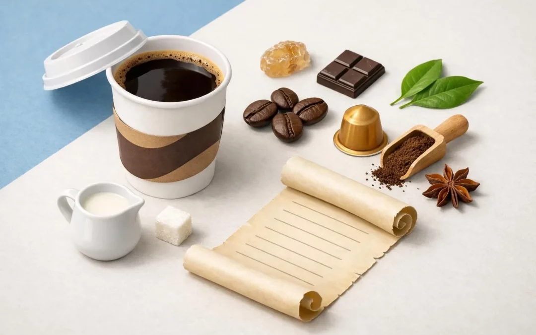 Marita café ingrédients liste. Image 3D isométrique ludique: tasse Marita entourée d'ingrédients et d'une liste détaillée.