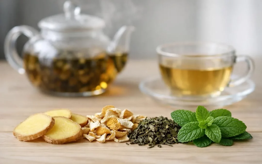 Meilleur thé détox pour perte de poids: ingrédients naturels (gingembre, citron, menthe, thé vert). Gros plan.