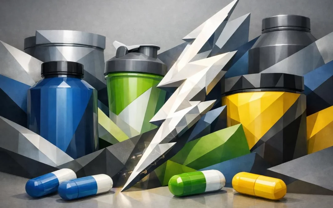 Image abstraite géométrique dynamique représentant divers top compléments alimentaires énergie pour un boost de vitalité.