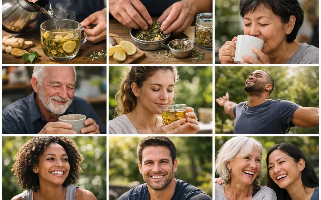 Collage de photos réelles: témoignages tisane détox Marita illustrant un parcours de bien-être personnel et authentique.