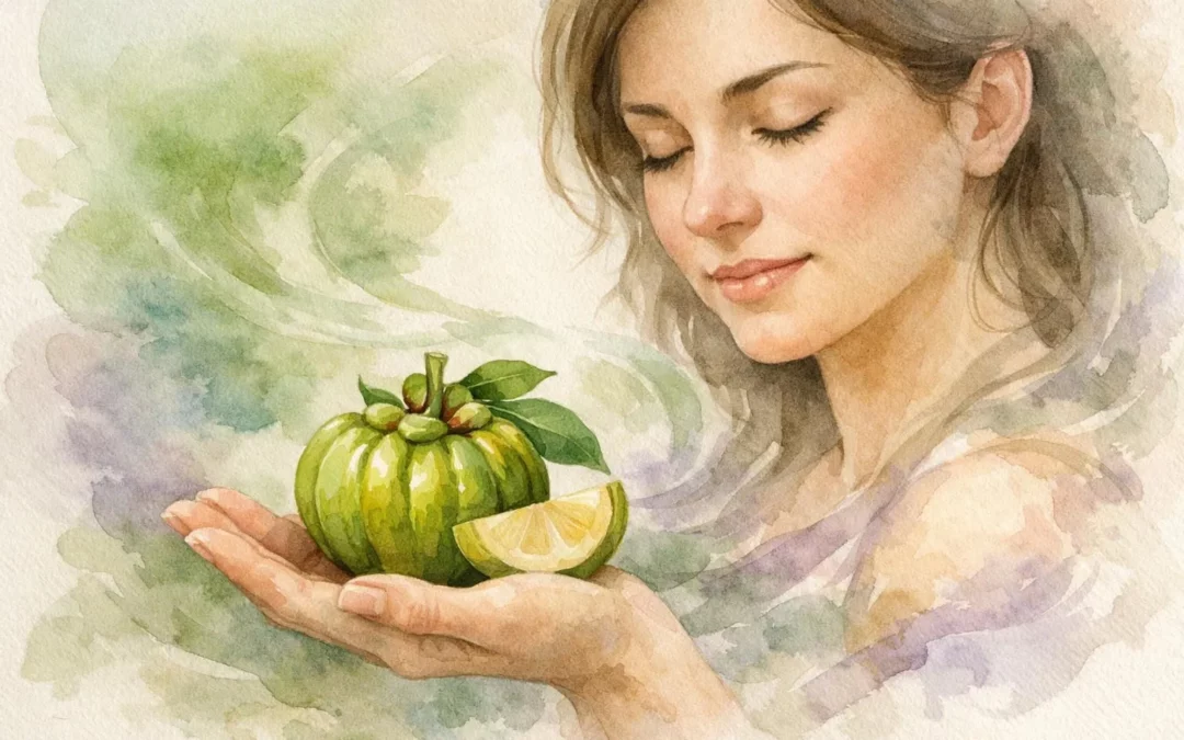 Illustration aquarelle du Garcinia cambogia; une femme réfléchit aux potentiels effets secondaires.