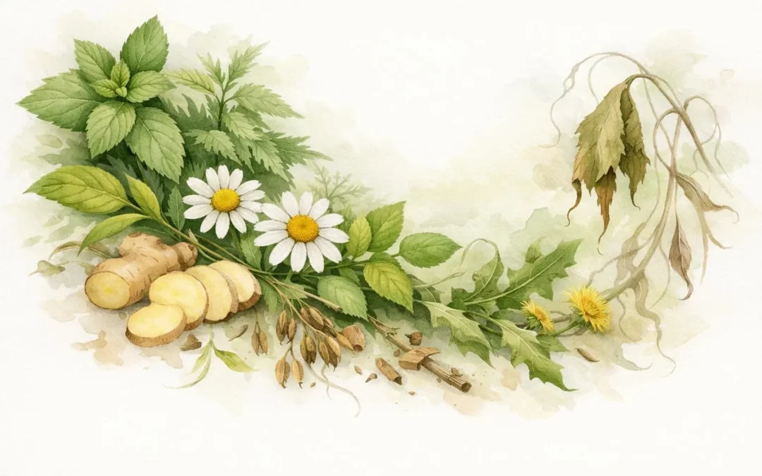 Aquarelle d'herbes de tisane détox, avec des indices visuels des effets indésirables à connaître.