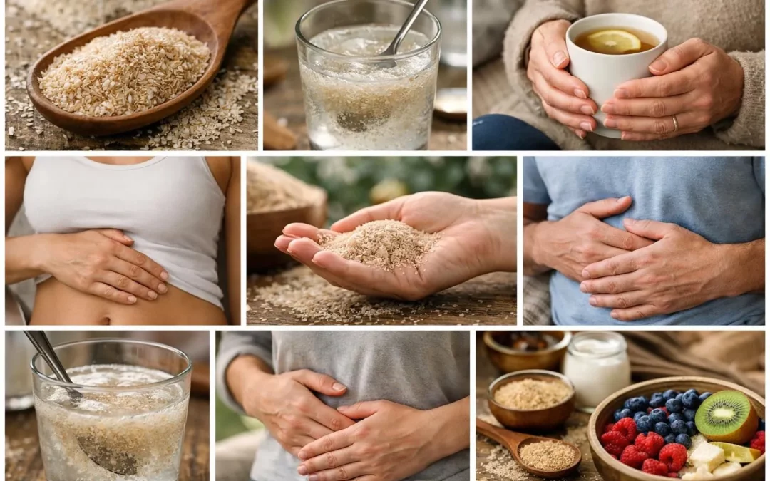 Collage: psyllium bienfaits colon irritable, solution naturelle pour digestion apaisée et quotidien transformé.