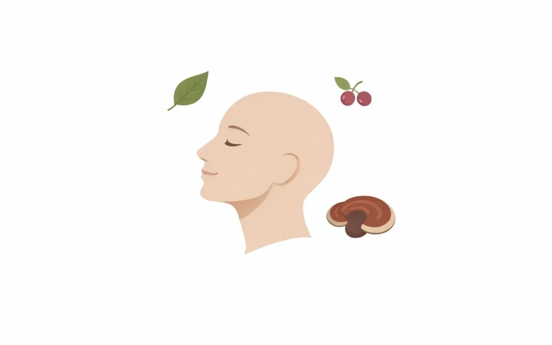 Compléments pour améliorer concentration naturellement. Illustration minimaliste d'une tête sereine et de plantes pour un foc