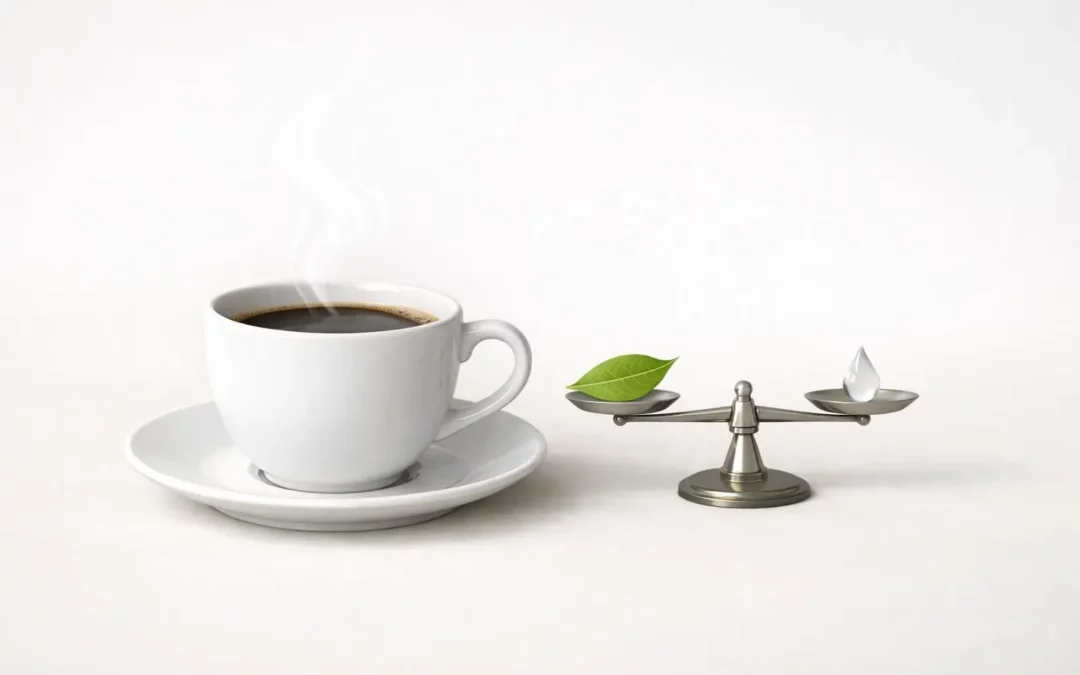 Illustration minimaliste d'une tasse de café et d'une balance avec une feuille, symbolisant le café minceur pour qui.