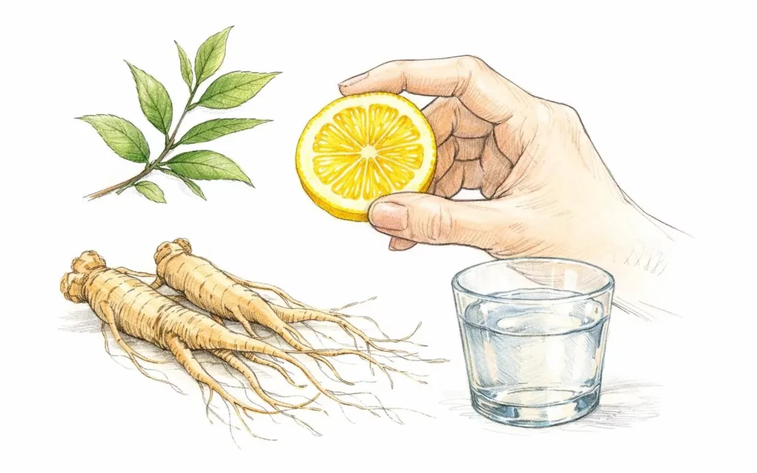 Produits naturels anti fatigue esquissés: citron, ginseng, thé vert pour retrouver vitalité. Style dessin main.
