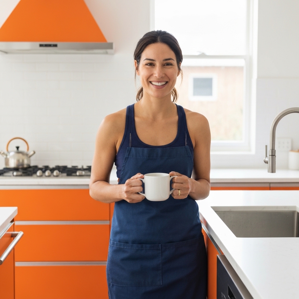 [Une personne énergique et souriante savourant une tasse de café le matin dans une cuisine lumineuse, avec une lumière naturelle et douce symbolisant un départ sain.]