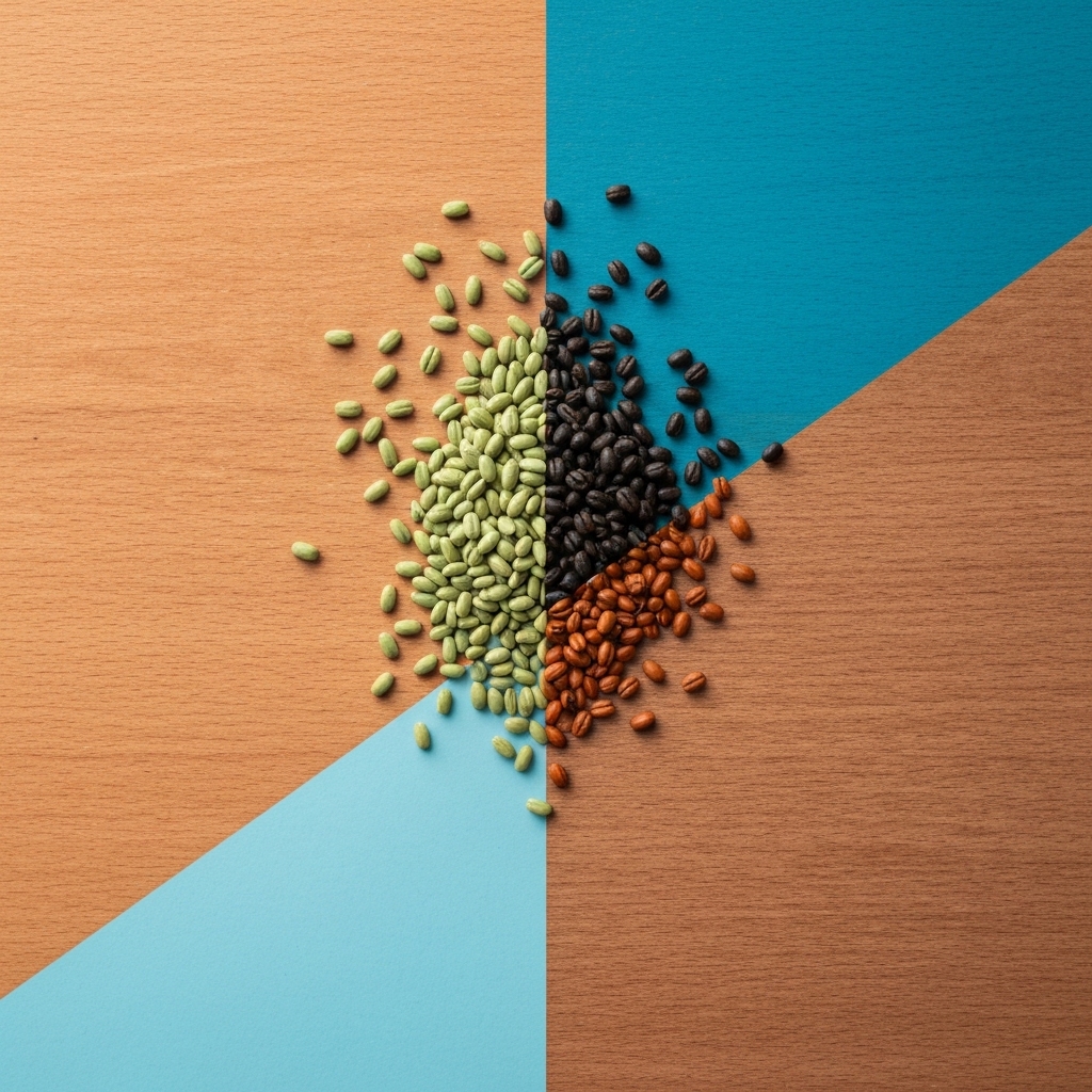 Close-up of green unroasted coffee beans scattered next to dark roasted beans on wooden surface, showing natural color contrast between raw and processed coffee