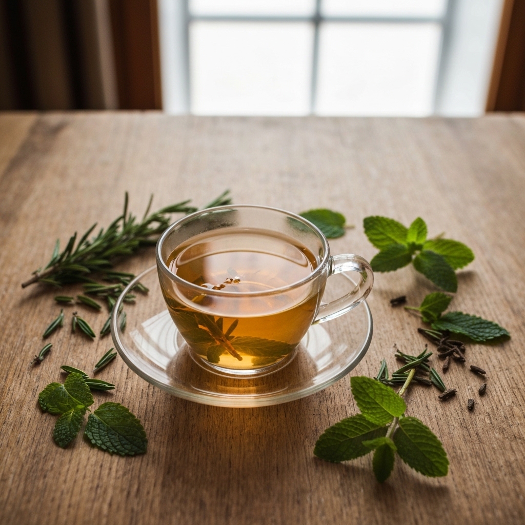 Tasse fumante de tisane claire posée sur une table en bois naturel, entourée de brins de romarin frais, feuilles de menthe et racines de pissenlit, éclairage doux de fenêtre