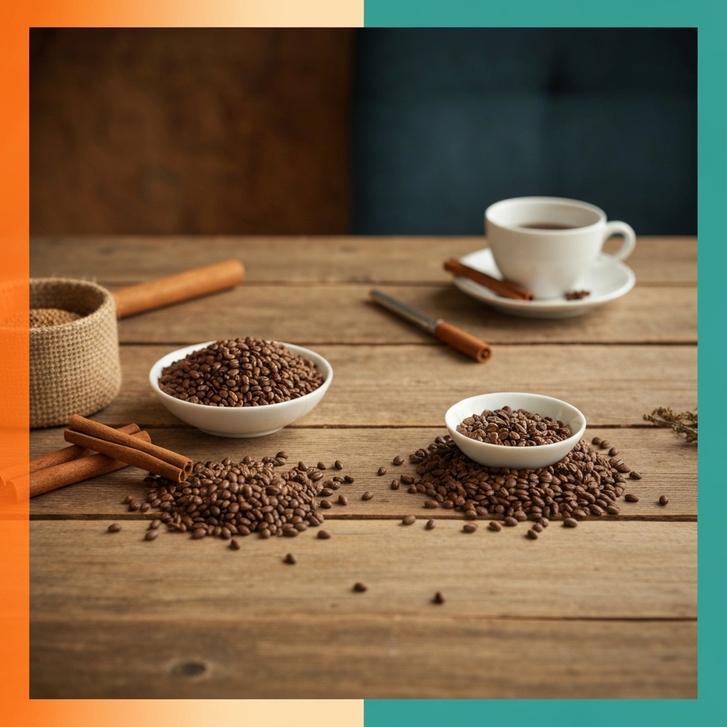 Premium wellness coffee products arrangement with natural botanical ingredients, coffee beans scattered on rustic wooden table, soft natural lighting highlighting Swiss quality craftsmanship, warm earth tones, professional product photography aesthetic