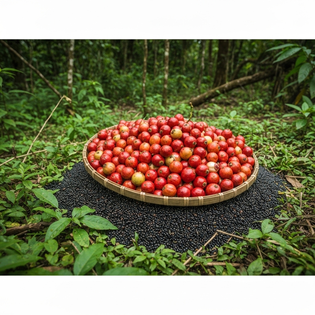 Close-up of ripe guarana berries with seeds partially exposed, surrounded by lush green Amazon rainforest foliage and traditional harvest basket, natural lighting highlighting the red fruit shells and dark seeds used for weight management supplements