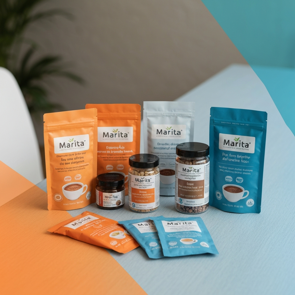 Assortiment de produits bien-être naturels Marita disposés sur une table moderne avec éclairage naturel, incluant sachets de café fonctionnel, boîtes de compléments alimentaires et tasses de café, vue d'ensemble réaliste sans texte ni logo