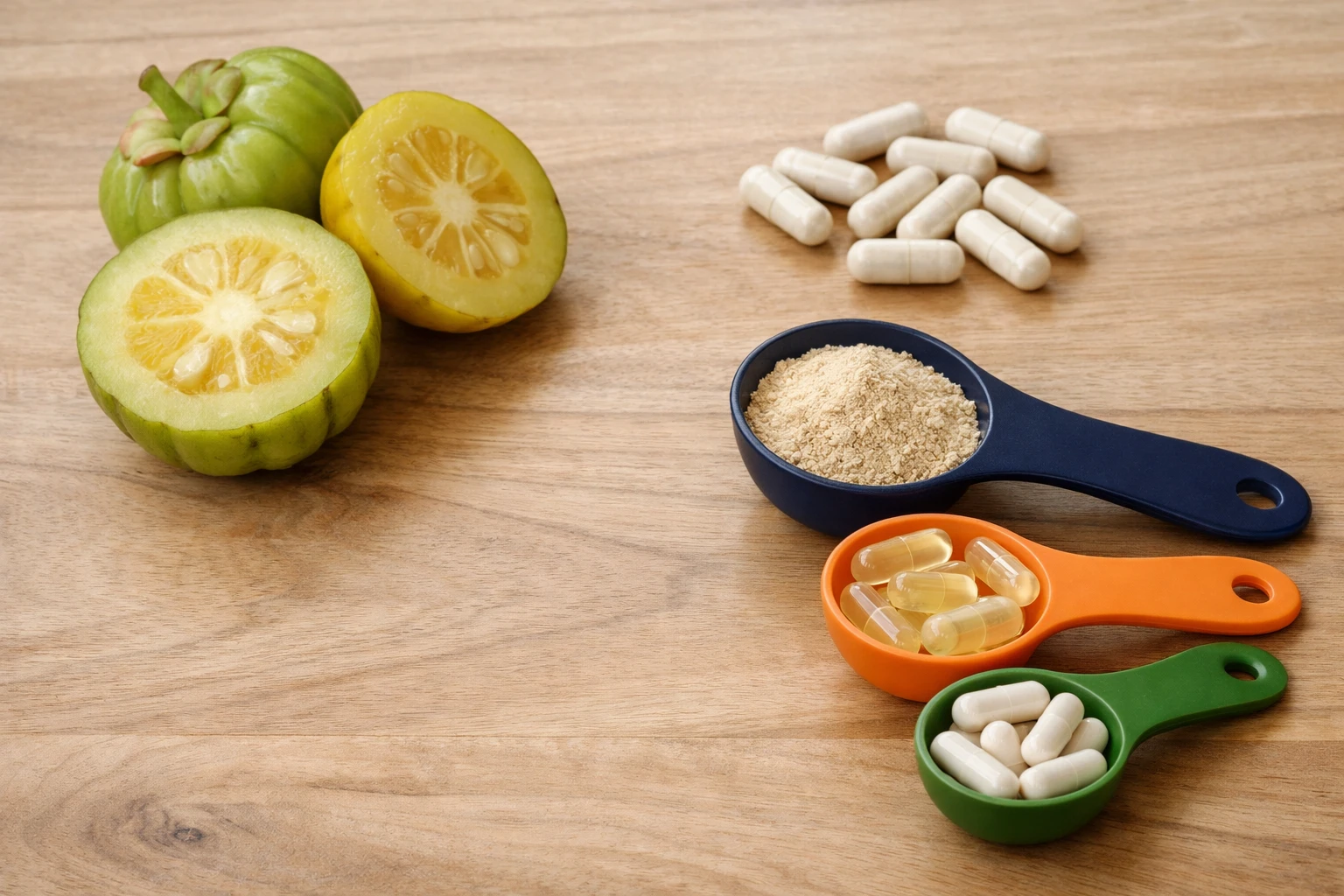 Close-up of fresh garcinia cambogia fruits cut in half showing the yellow pulp and seeds, surrounded by measuring spoons and dosage capsules on a natural wooden surface with scientific precision theme