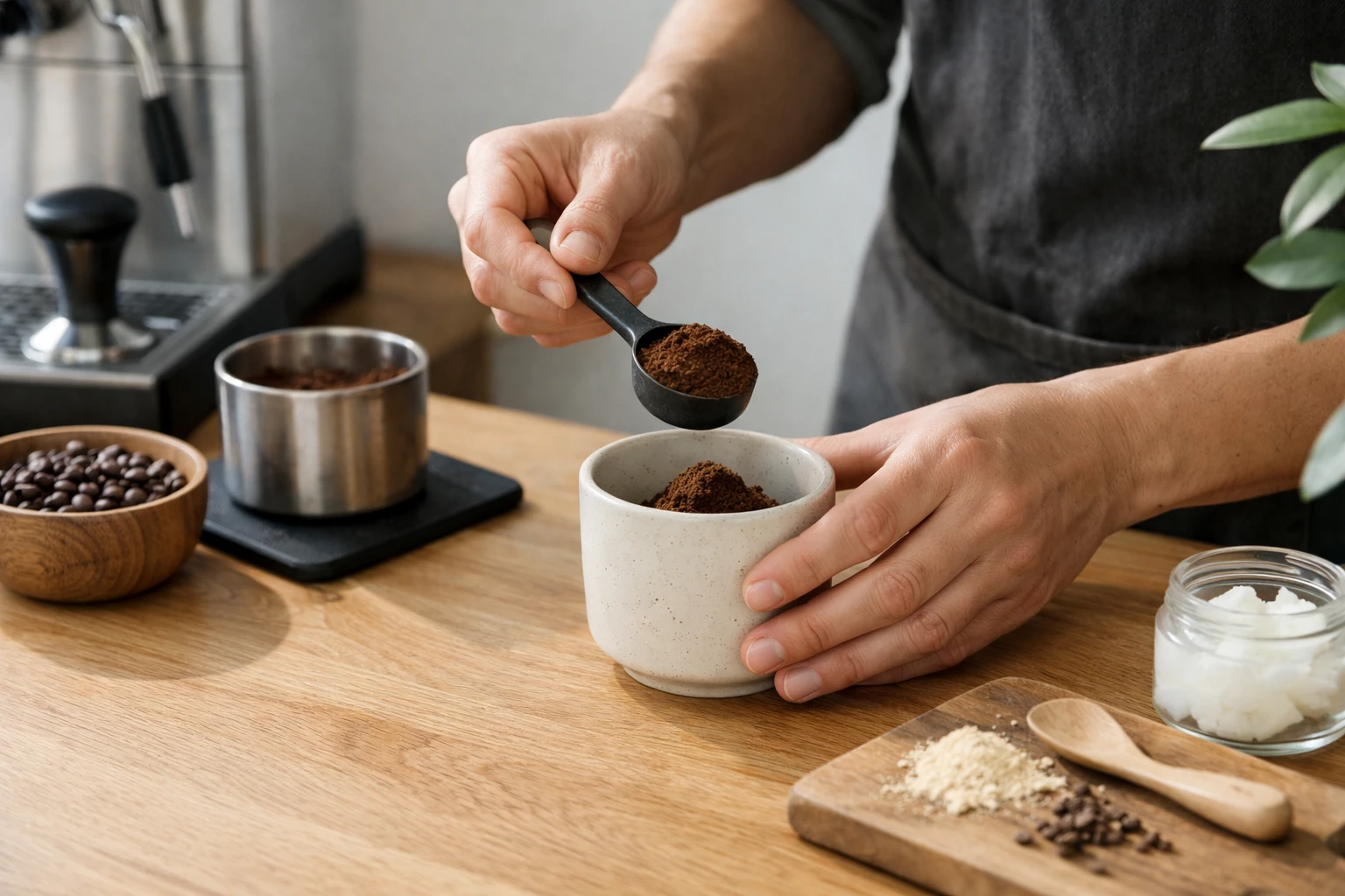 Close-up of hands measuring precise coffee dose with calibrated spoon over ceramic cup on wooden counter in bright modern kitchen, wellness product preparation scene, natural morning light
