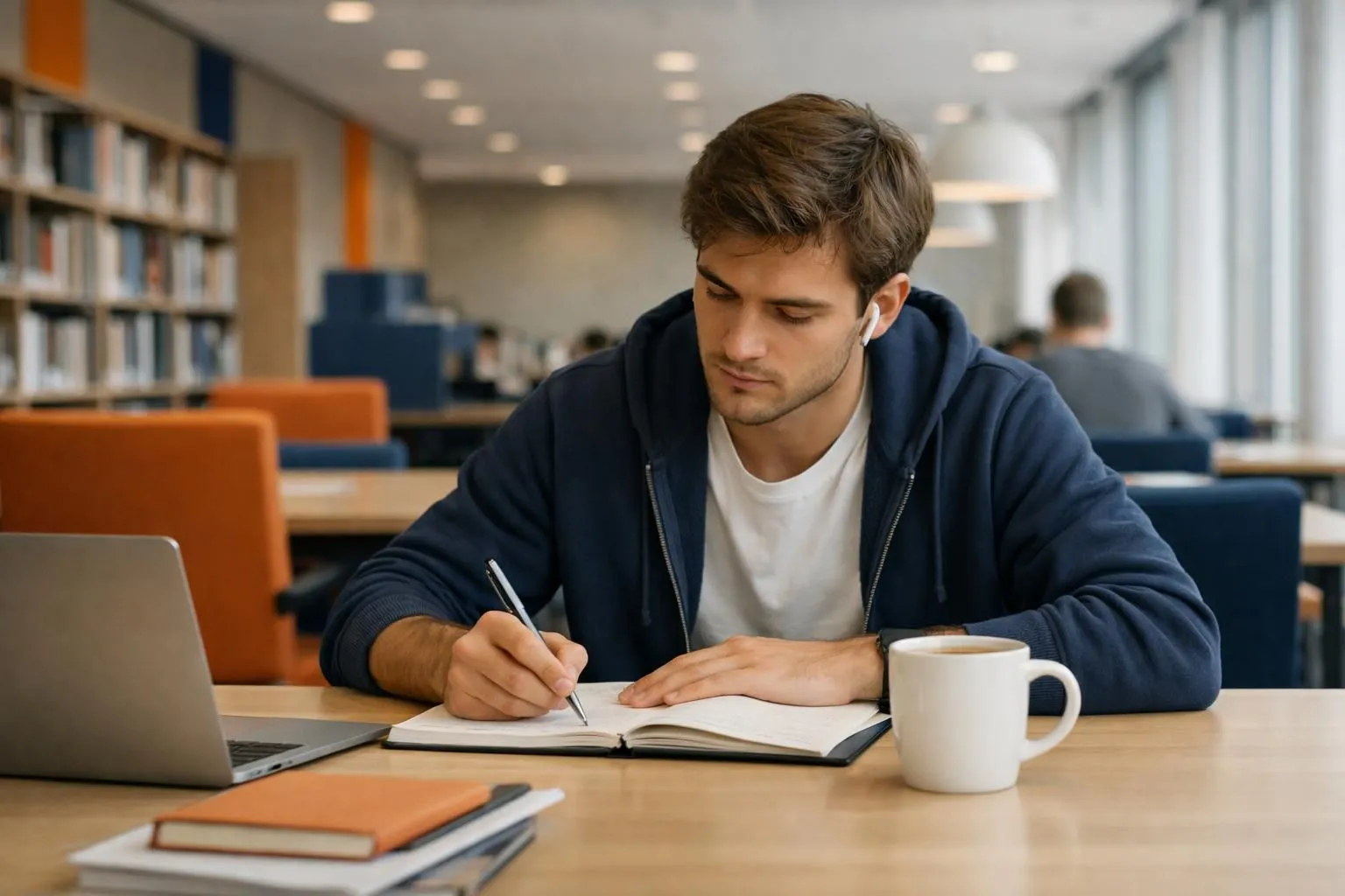 Étudiant suisse concentré travaillant sur son ordinateur portable dans une bibliothèque universitaire moderne avec une tasse de café fonctionnel Marita à côté de ses livres, lumière naturelle douce, ambiance studieuse et paisible, jeune adulte motivé dans un environnement académique contemporain