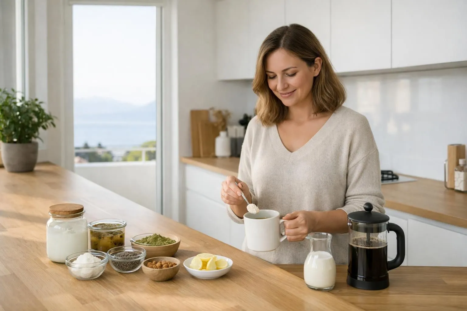 Modern wellness-focused person preparing functional weight management coffee in bright Lausanne kitchen with natural ingredients visible on counter, warm morning light streaming through window, elegant minimalist Swiss interior design, realistic lifestyle photography