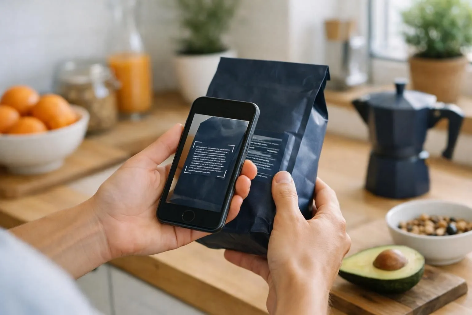 Close-up of hands holding smartphone scanning ingredients label on coffee product package in bright Swiss kitchen, modern wellness lifestyle scene with natural lighting and minimalist decor