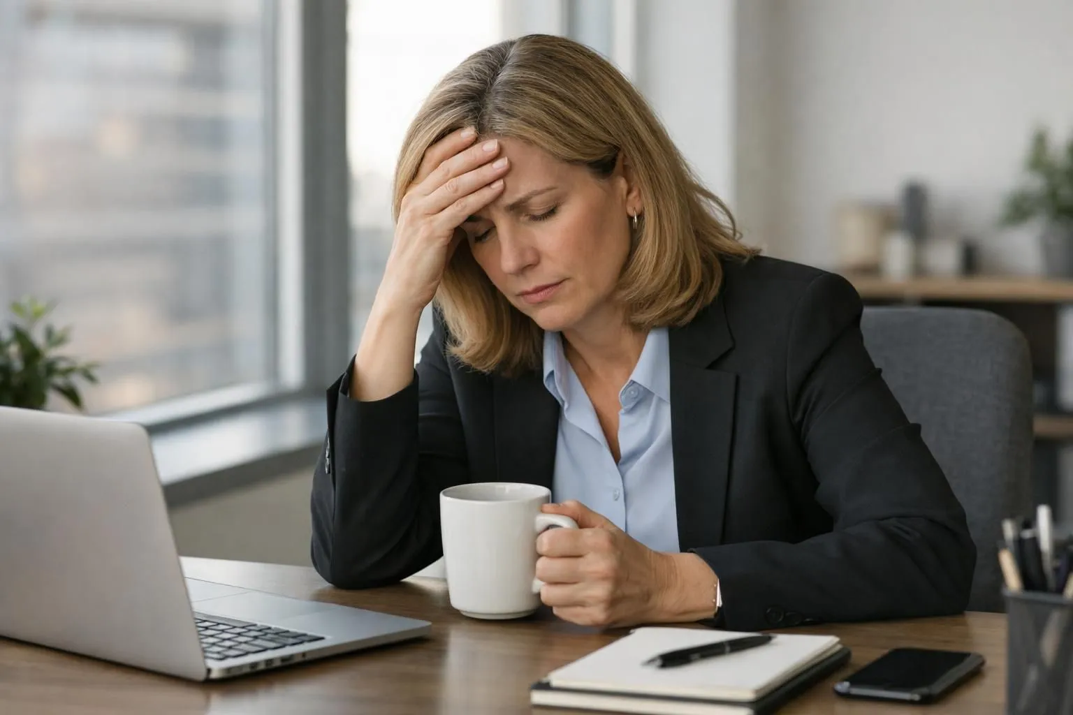 Femme d'âge moyen assise à un bureau moderne, tenant une tasse de café, expression fatiguée, main sur le front, vêtements professionnels, lumière naturelle d'après-midi, atmosphère réaliste montrant l'épuisement professionnel