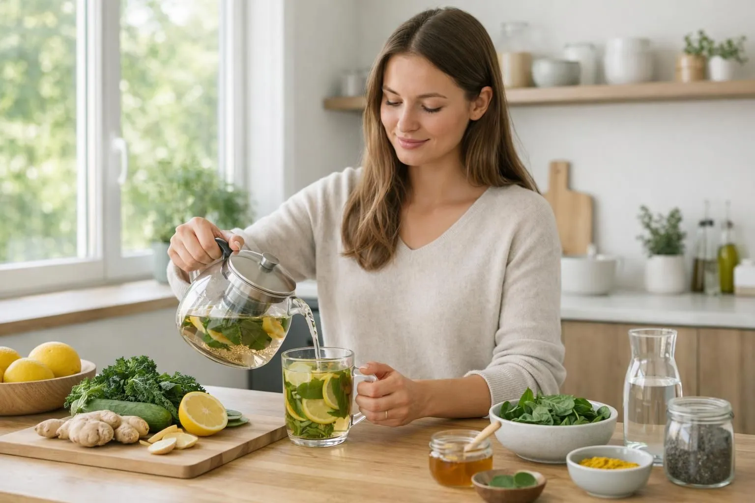 Femme suisse trentenaire en tenue décontractée versant du thé détox chaud dans une tasse transparente sur un comptoir de cuisine moderne scandinave, ingrédients naturels frais disposés autour (gingembre, citron, feuilles de menthe), lumière naturelle douce traversant une grande fenêtre, ambiance épurée et authentique