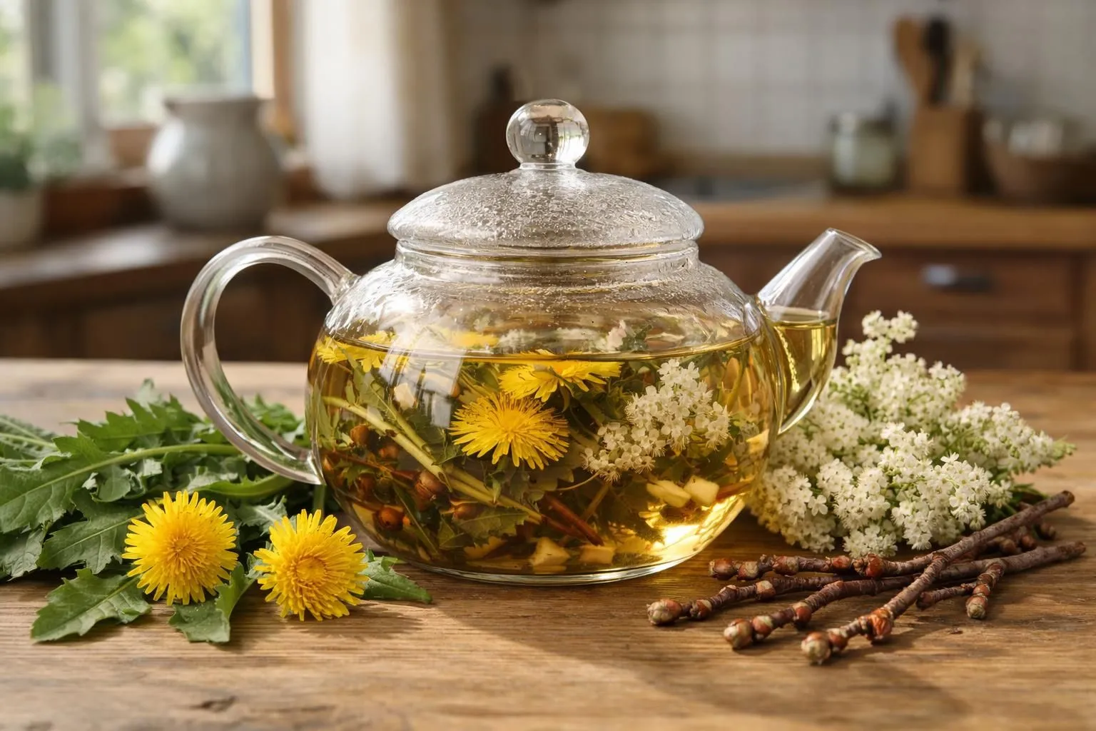 A transparent glass teapot filled with herbal infusion, surrounded by fresh dandelion leaves, meadowsweet flowers, and cherry stems on a wooden table in a sunlit Swiss kitchen, showcasing natural drainage ingredients used by Swiss adults seeking wellness solutions