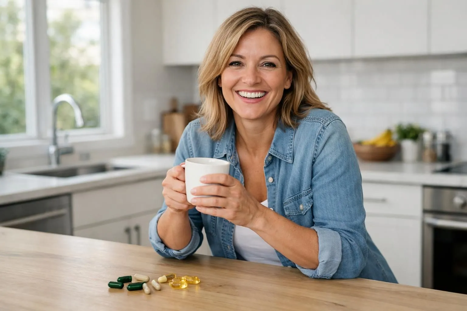 Adulte professionnel suisse dynamique versant un café fonctionnel dans une tasse moderne, environnement de cuisine scandinave avec plantes vertes, lumière matinale douce, ambiance bien-être et énergie naturelle, gros plan sur gélules de compléments alimentaires posées à côté