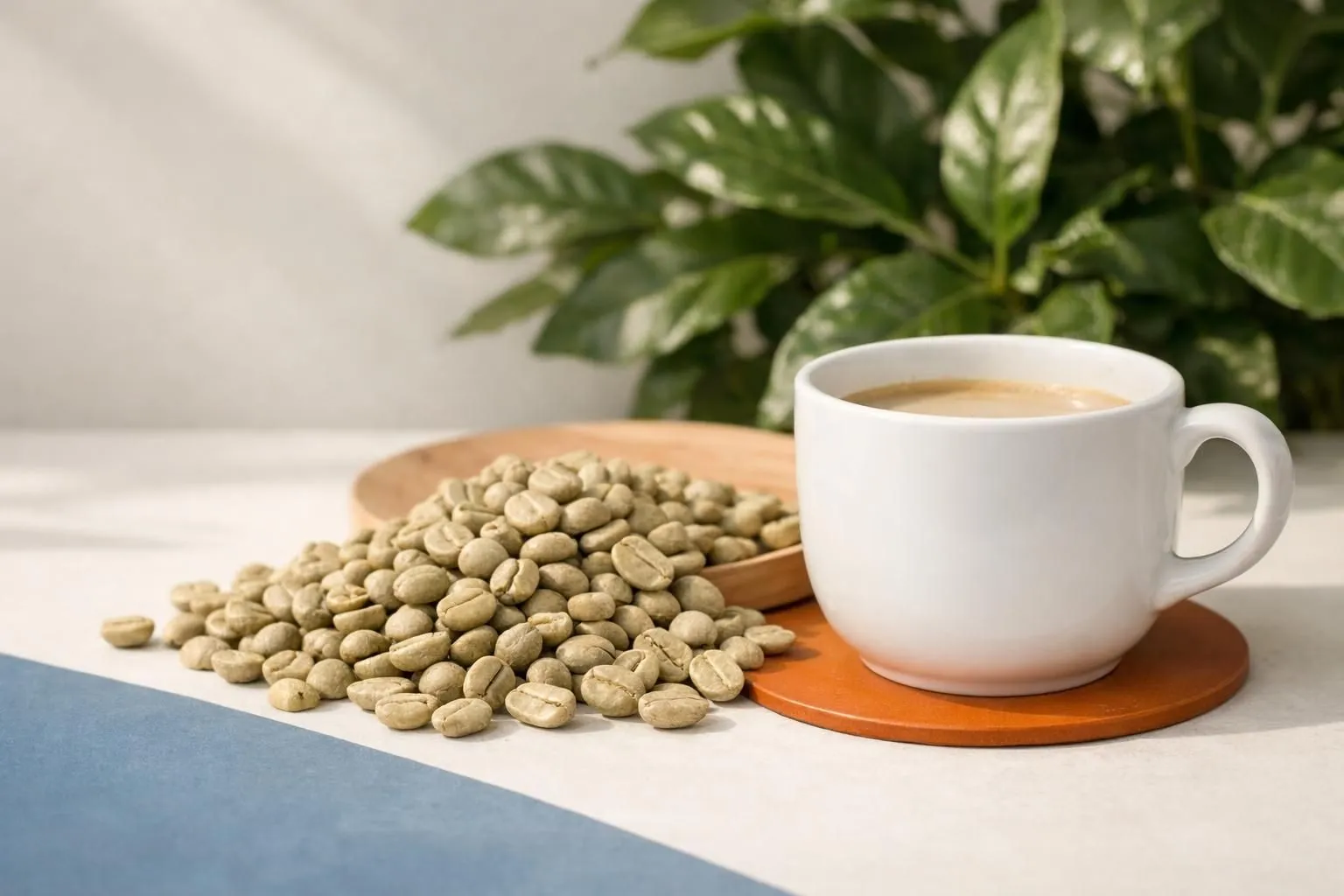 Grains de café vert naturels disposés à côté d'une tasse blanche de boisson chaude, feuilles vertes fraîches en arrière-plan, ambiance lumineuse et saine évoquant le bien-être naturel