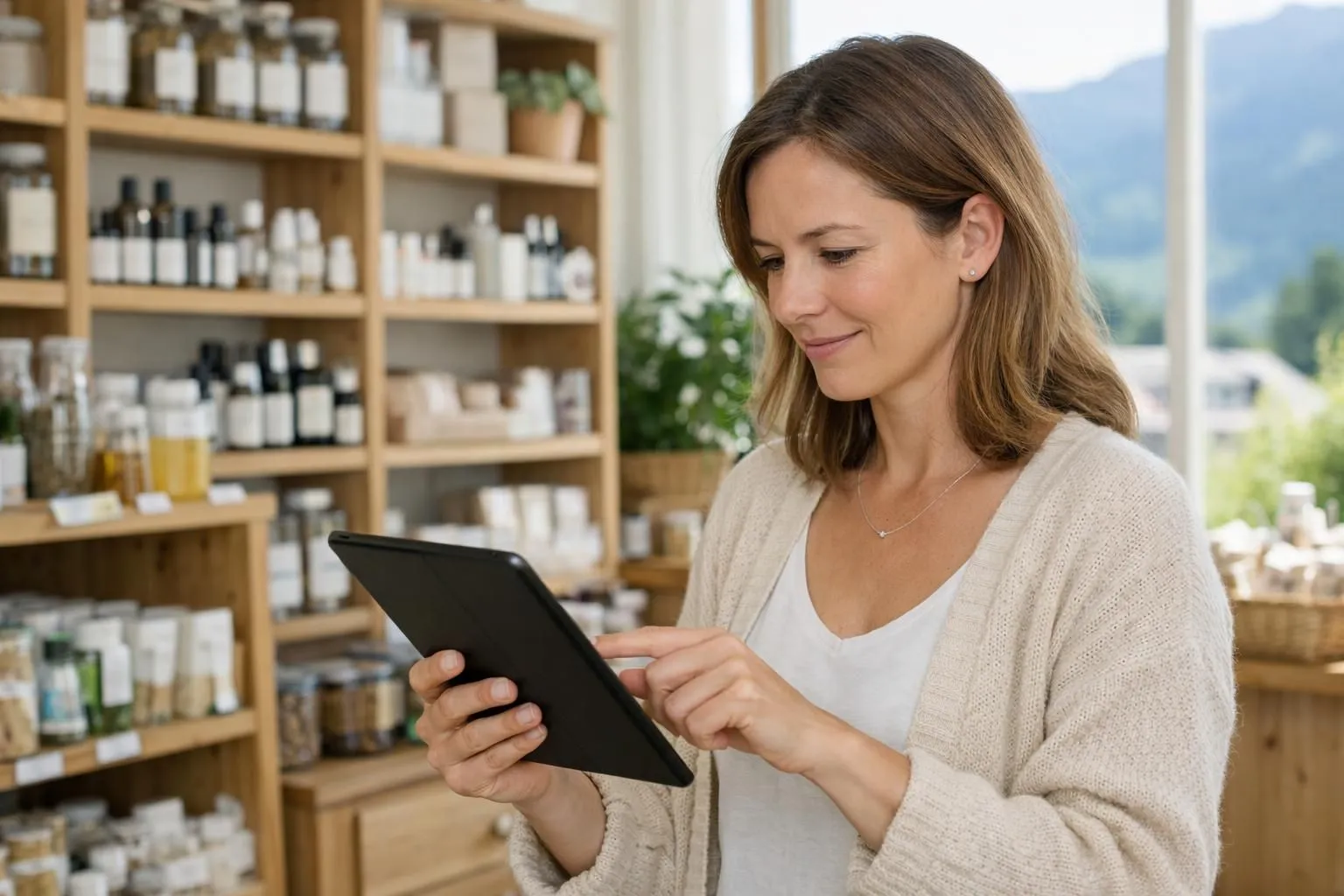 Customer using tablet to read product reviews while holding herbal detox tea box in bright Swiss wellness boutique with natural wooden shelves and organic products visible, realistic photography style, warm natural lighting, no text or labels visible