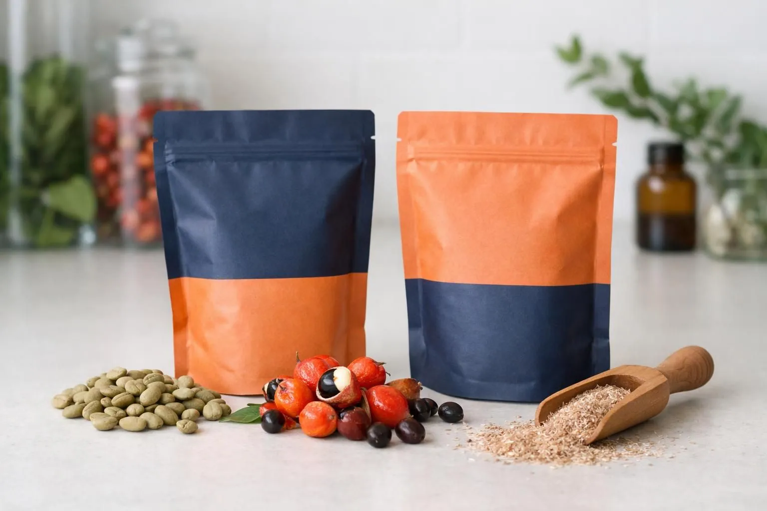 Close-up of natural wellness coffee sachets with green coffee beans, guarana seeds, and psyllium husks arranged on pharmacy counter with botanical ingredients visible in background