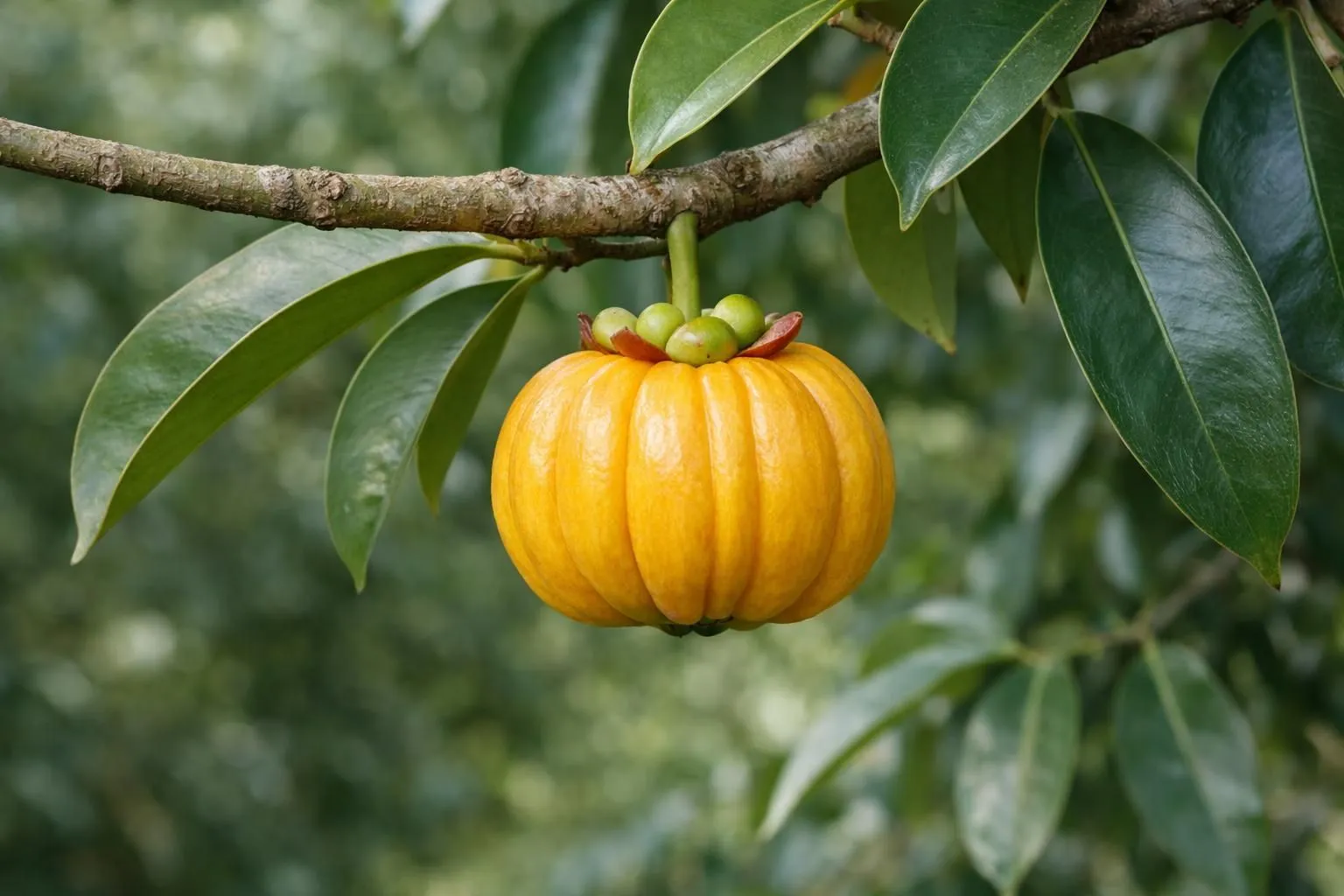 Garcinia cambogia fruit hanging on tropical tree branch with green leaves, natural botanical environment, scientific photographic style showing the fruit's distinctive ridged surface and yellow-orange color, educational health context