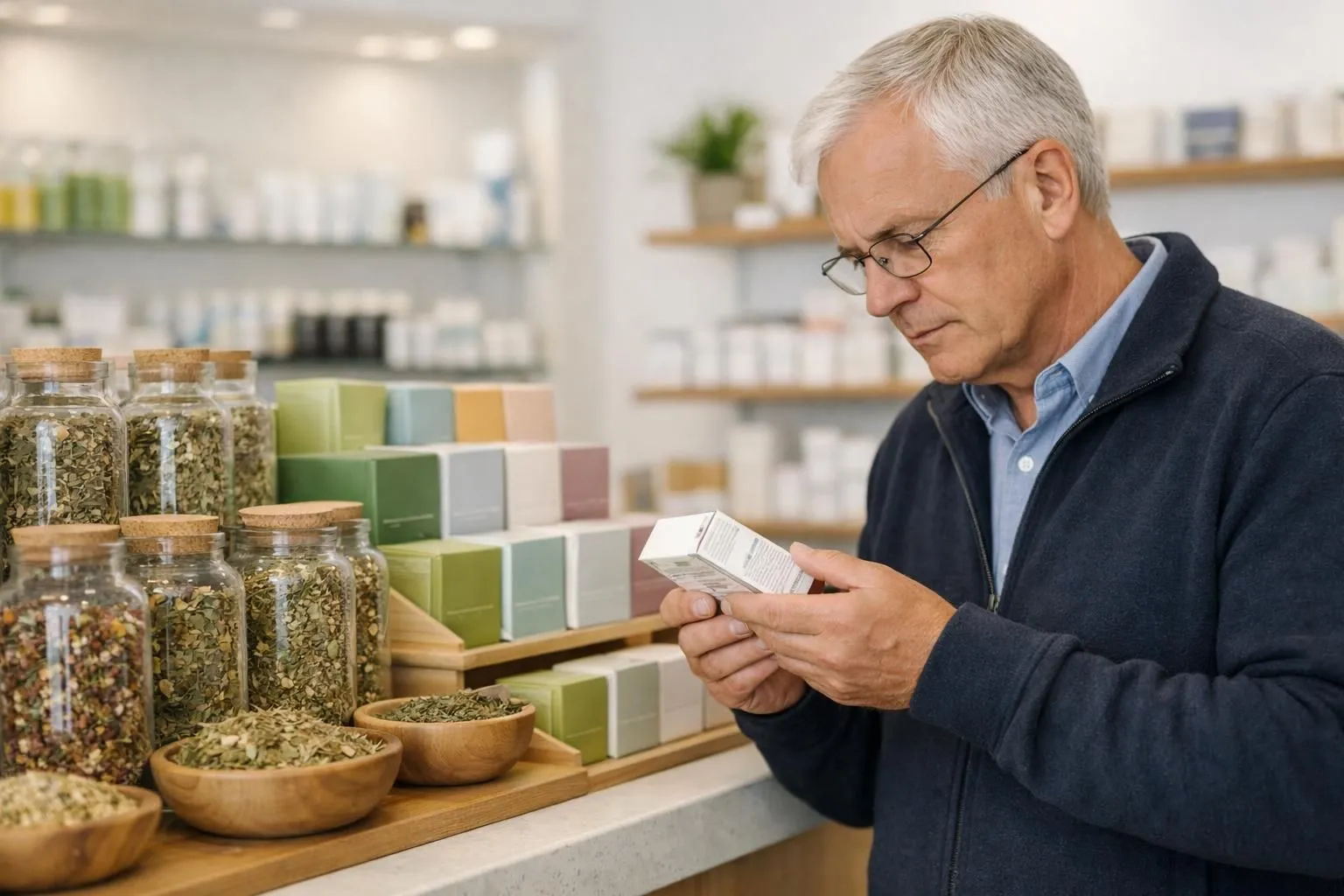 A realistic photo showing various herbal tea packages and loose dried herbs scattered on a pharmacy counter, with a concerned Swiss customer reading ingredient labels under bright overhead lighting in a modern Swiss wellness store, emphasizing caution and health awareness regarding detox tea products, NO text or labels visible on products.