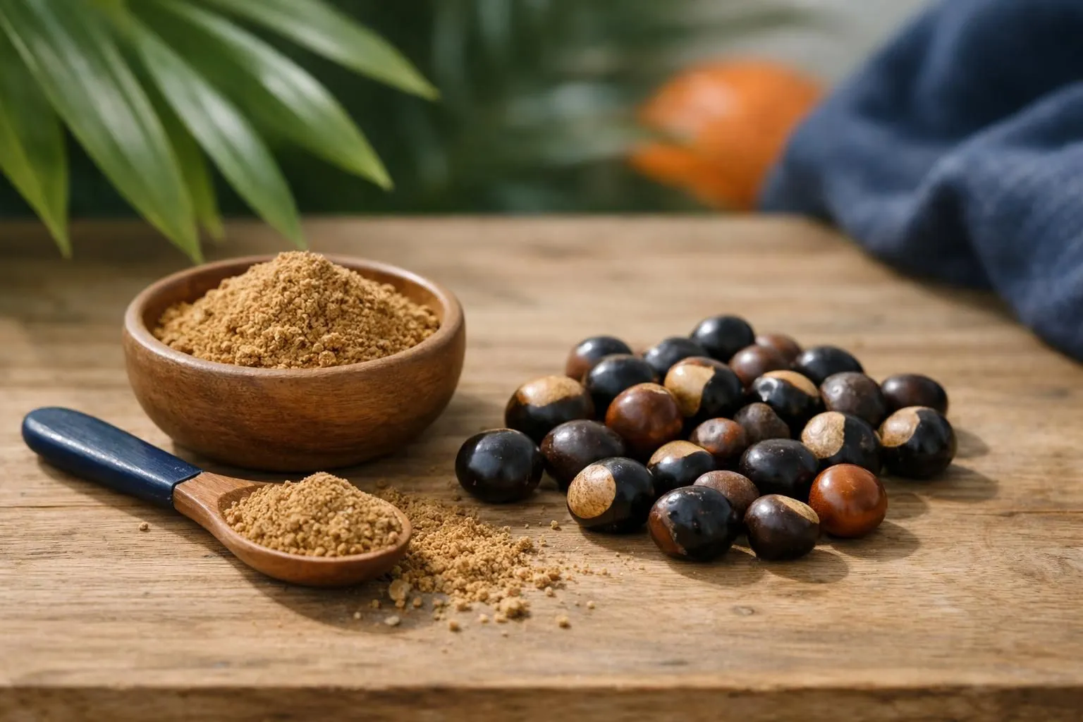 Guarana seeds and powder on natural wooden surface with tropical leaves in background, natural lighting