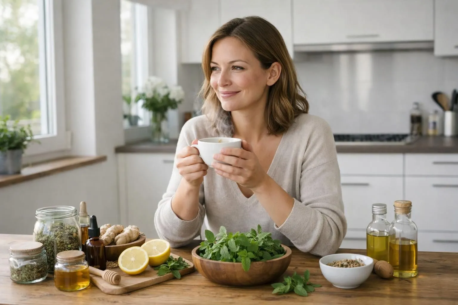 Woman in her 30s holding a steaming cup of herbal detox tea in a bright modern Swiss kitchen, surrounded by fresh herbs and natural wellness products on a wooden table, morning sunlight streaming through window, realistic lifestyle photography