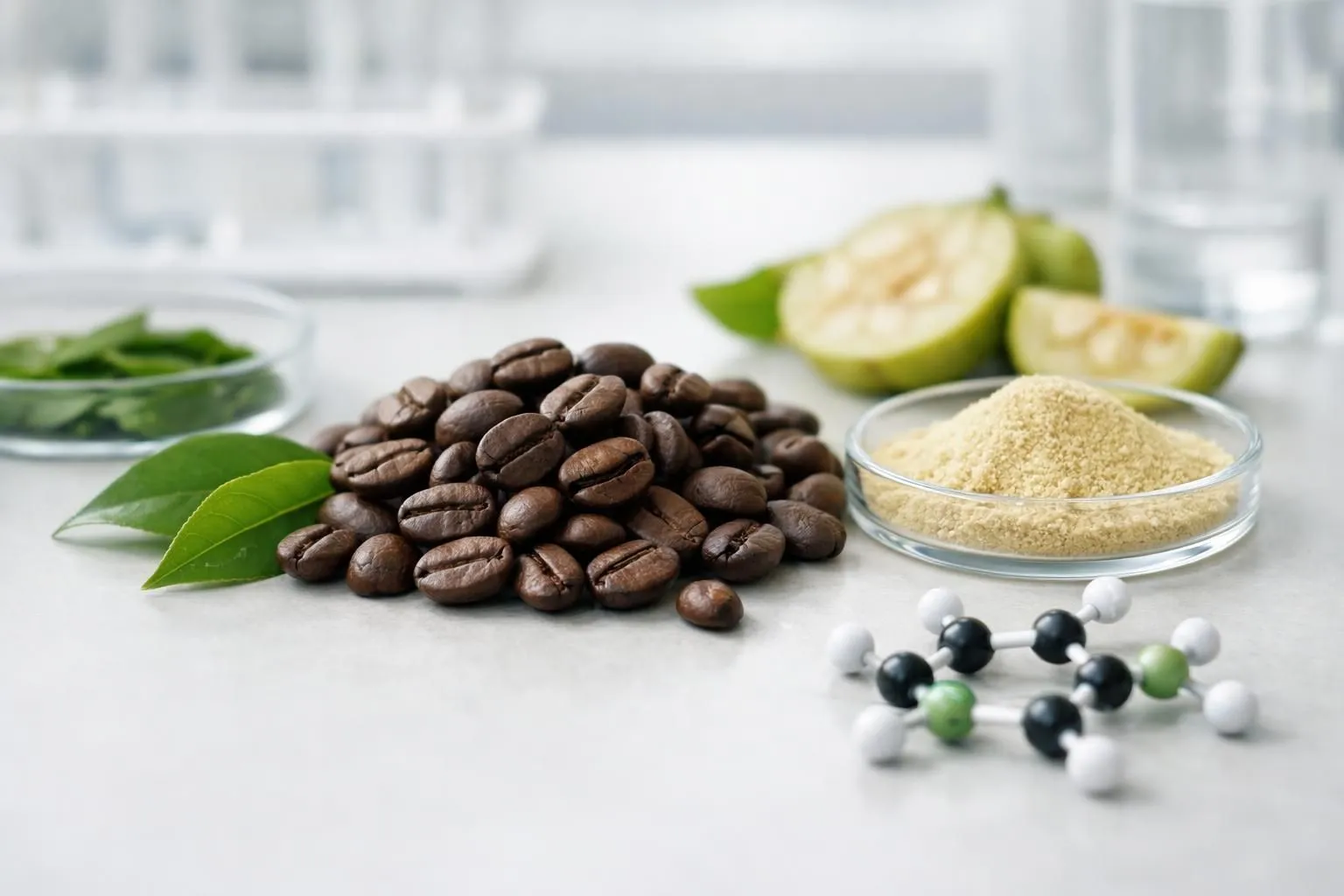Close-up of premium coffee beans surrounded by green tea leaves, garcinia fruit extract powder, and chlorogenic acid molecules illustration, displayed on modern laboratory surface with soft natural lighting