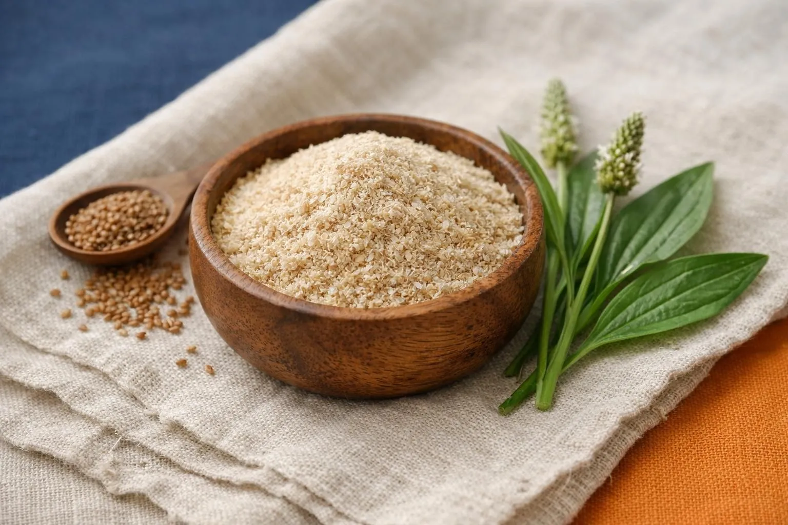 Close-up of golden psyllium husk powder in rustic wooden bowl with fresh Plantago ovata plant seeds and leaves on natural linen fabric, soft natural lighting highlighting fiber texture