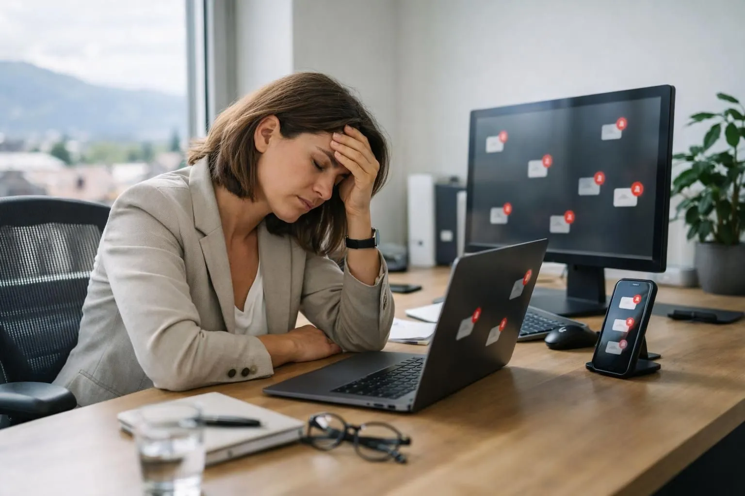 Professional person sitting at modern desk with laptop and phone, looking exhausted and overwhelmed, hand on forehead, multiple digital notifications visible on screens, contemporary Swiss office setting with natural light, realistic photography style showing mental fatigue and concentration struggle