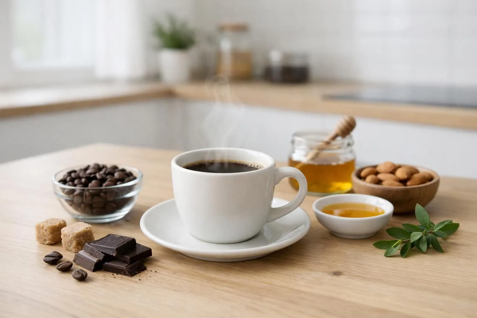 Tasse de café fumant entourée d'ingrédients naturels comme feuilles de thé vert, graines de guarana et capsules végétales sur table en bois clair dans cuisine moderne suisse, éclairage naturel doux, composition minimaliste lifestyle santé