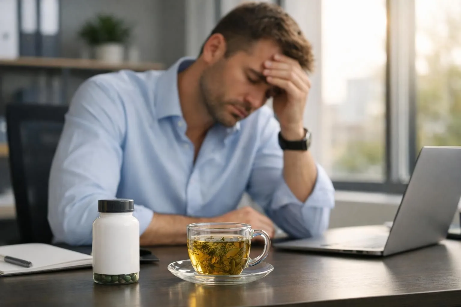 Professional adult in their 30s sitting at modern desk looking exhausted with natural supplement bottle and herbal tea cup visible in foreground, warm morning sunlight through window, realistic health and wellness concept photograph, no text or labels