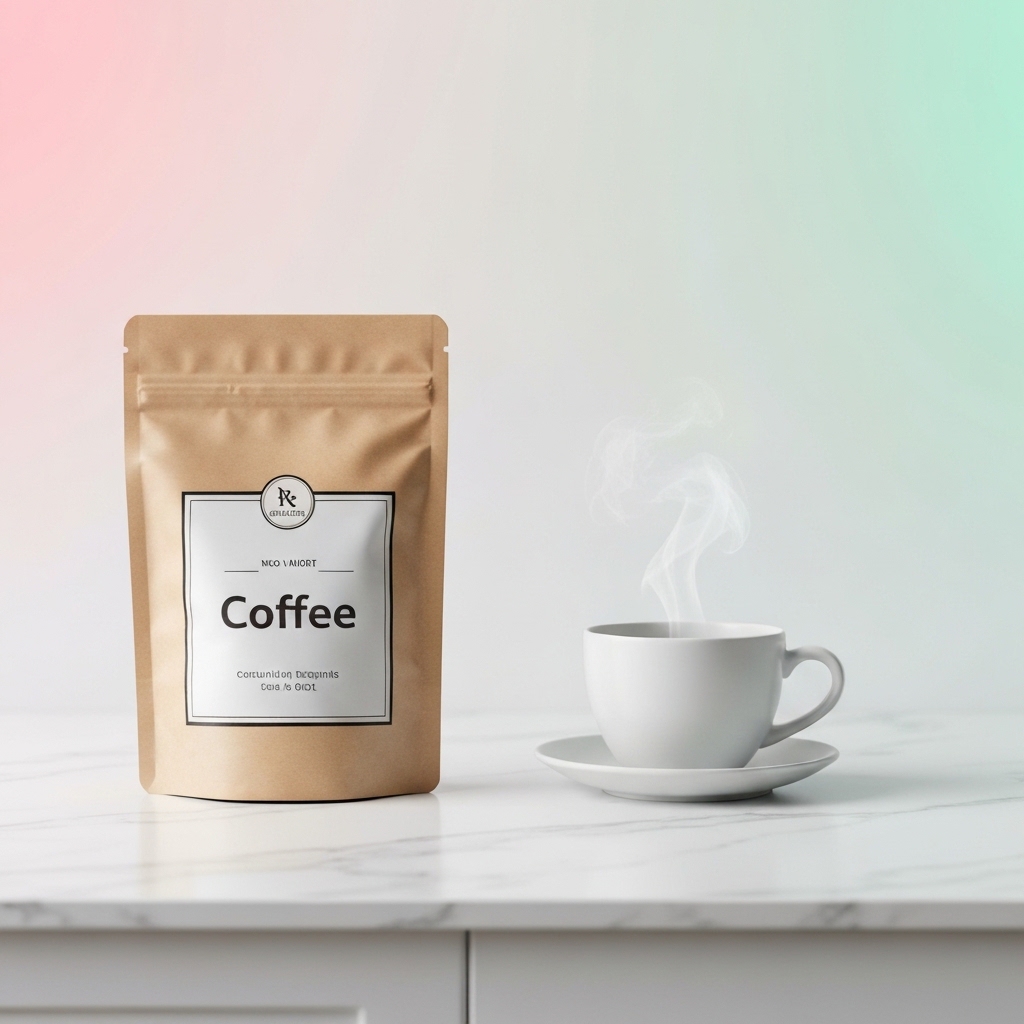 [Un packaging produit élégant et moderne du café Marita Burn & Control posé à côté d'une tasse fumante sur un fond de cuisine épuré en marbre blanc.]