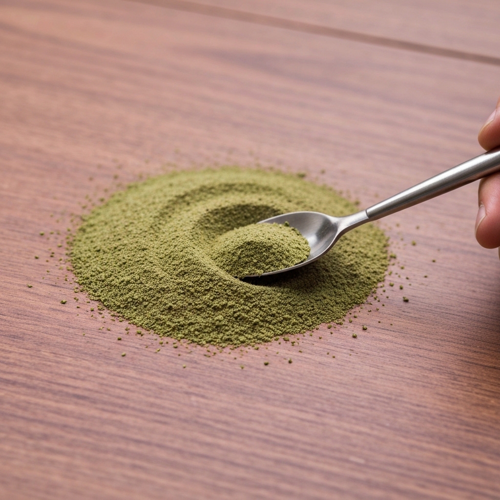 Close-up of green coffee beans scattered on a wooden surface with soft natural lighting, showing their raw unroasted texture and natural color