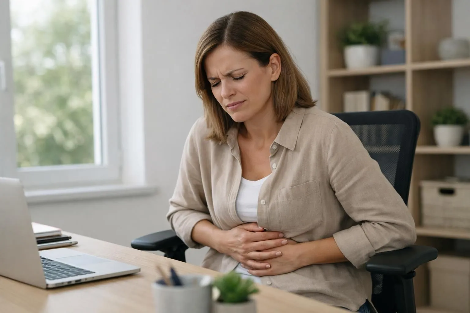 Personne tenant son ventre avec inconfort après consommation de café vert, expression de gêne digestive visible, ambiance naturelle lumineuse, sans texte ni étiquette