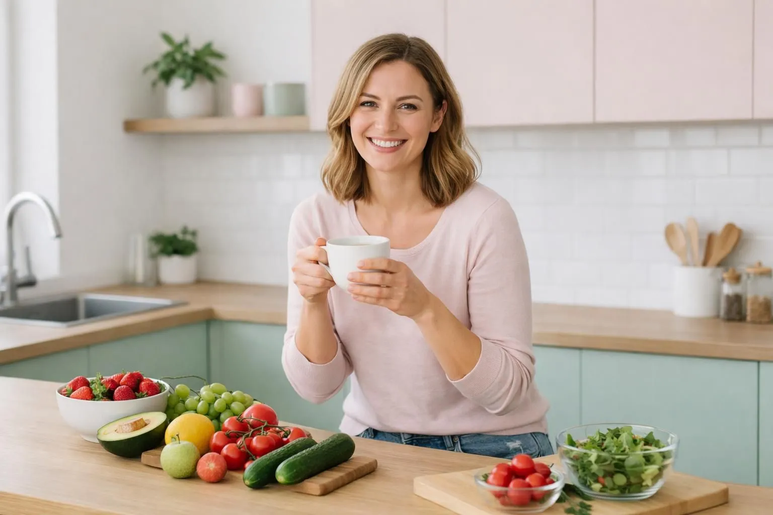 Woman in her 30s holding a cup of herbal tea while standing in a bright modern kitchen with fresh fruits and vegetables on the counter, natural morning light streaming through windows, showing a satisfied and energetic expression