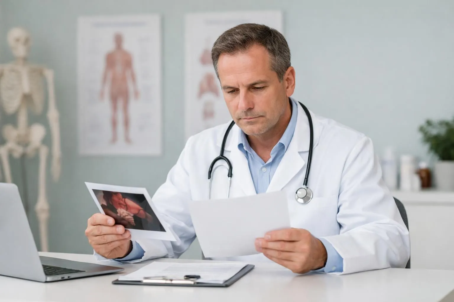 Medical professional in white coat reviewing printed health warning documents with concerned expression, modern clinical office setting with medical charts visible, professional healthcare safety evaluation scene, no text or labels visible