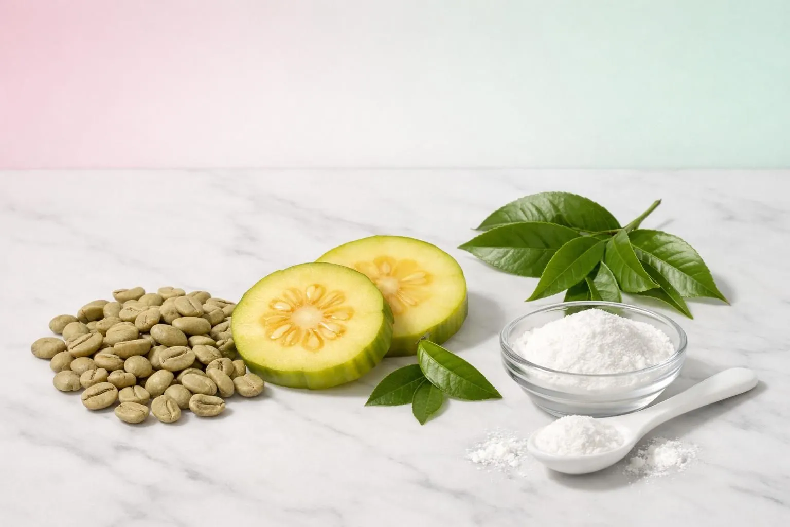 Flat lay arrangement of natural weight loss coffee ingredients on white marble countertop - green coffee beans in wooden bowl, garcinia fruit slices, dried green tea leaves, L-carnitine powder, chromium capsules, and soluble fiber - professional product photography style with natural lighting and minimal shadows, no text or labels visible