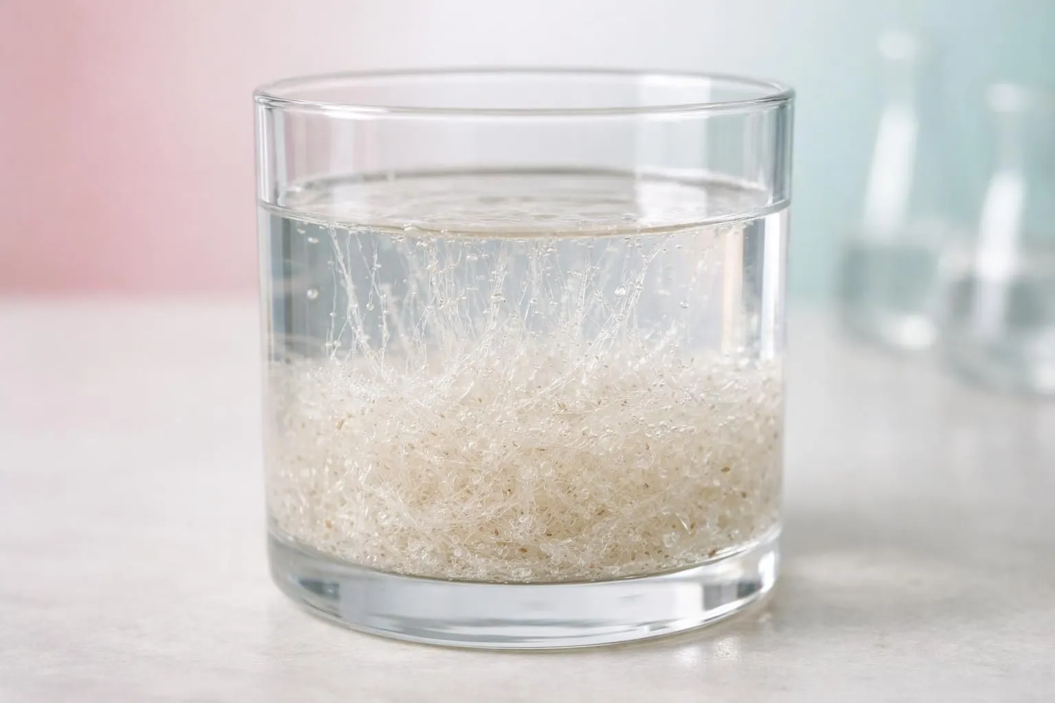 Close-up photograph of psyllium powder transforming into transparent gel in a clear glass container filled with water, showing the gradual swelling process with visible fiber strands expanding, neutral laboratory background with soft natural lighting