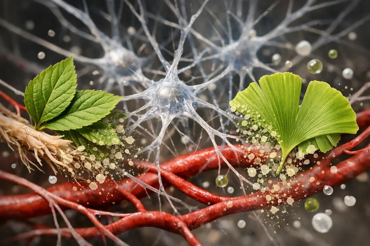 Cross-section view of brain with highlighted blood vessels and natural plant molecules passing through the blood-brain barrier, scientific illustration style with warm colors, showing ginseng and ginkgo leaves dissolving into neural pathways, no text or labels