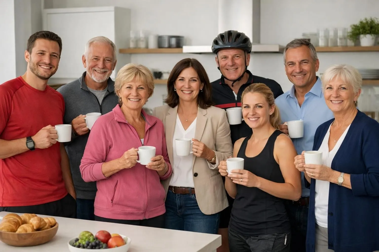 Groupe diversifié d'adultes suisses de différents âges dans une cuisine moderne lumineuse, certains en tenue de sport, d'autres en vêtements professionnels, tous tenant des tasses de café, symbolisant différents profils de consommateurs de café minceur, ambiance énergique et naturelle