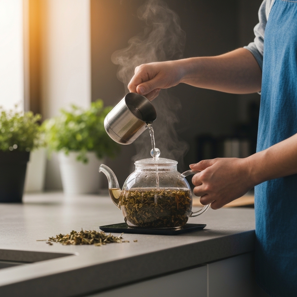 Close-up of hands pouring hot water into glass teapot filled with dried herbal leaves on modern kitchen counter with fresh plants in background
