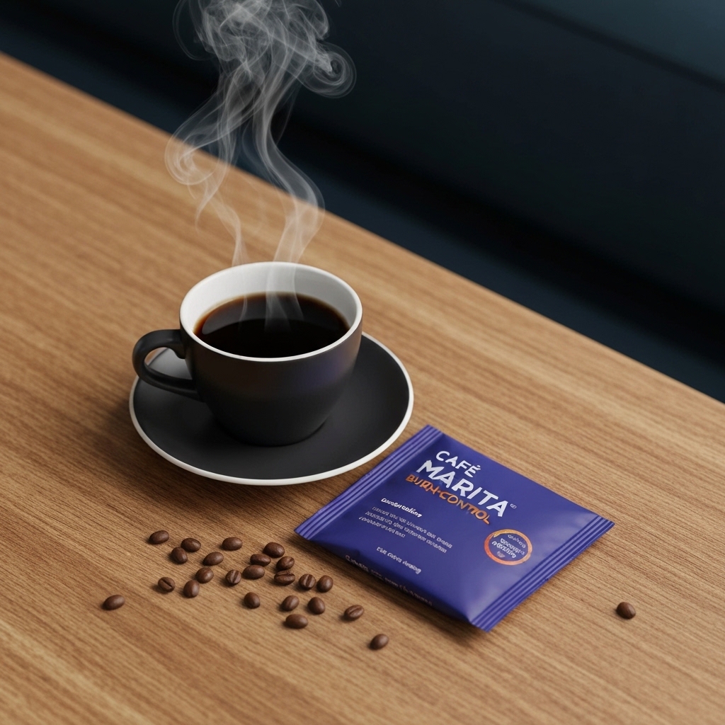 Tasse de café noir fumant sur une table en bois avec grains de café éparpillés et emballage Marita Burn+Control visible, éclairage naturel matinal