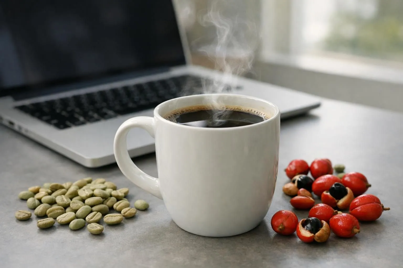 Gros plan réaliste d'une tasse de café fumante sur un bureau moderne avec ordinateur portable ouvert, grains de café vert éparpillés et baies de guarana naturelles à côté, éclairage naturel doux, ambiance studieuse et énergisante